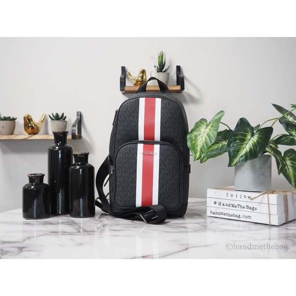 NWT Michael Kors Men's Cooper Med Backpack Black Signature Red Stripe Sling Pack - Picture 2 of 10